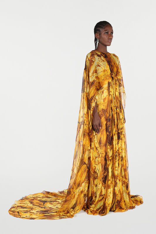 RC Caftan Dress in Silk with Amber Print RC Caftan Dress in Silk with Amber Print Yellow VKT140-CKP74