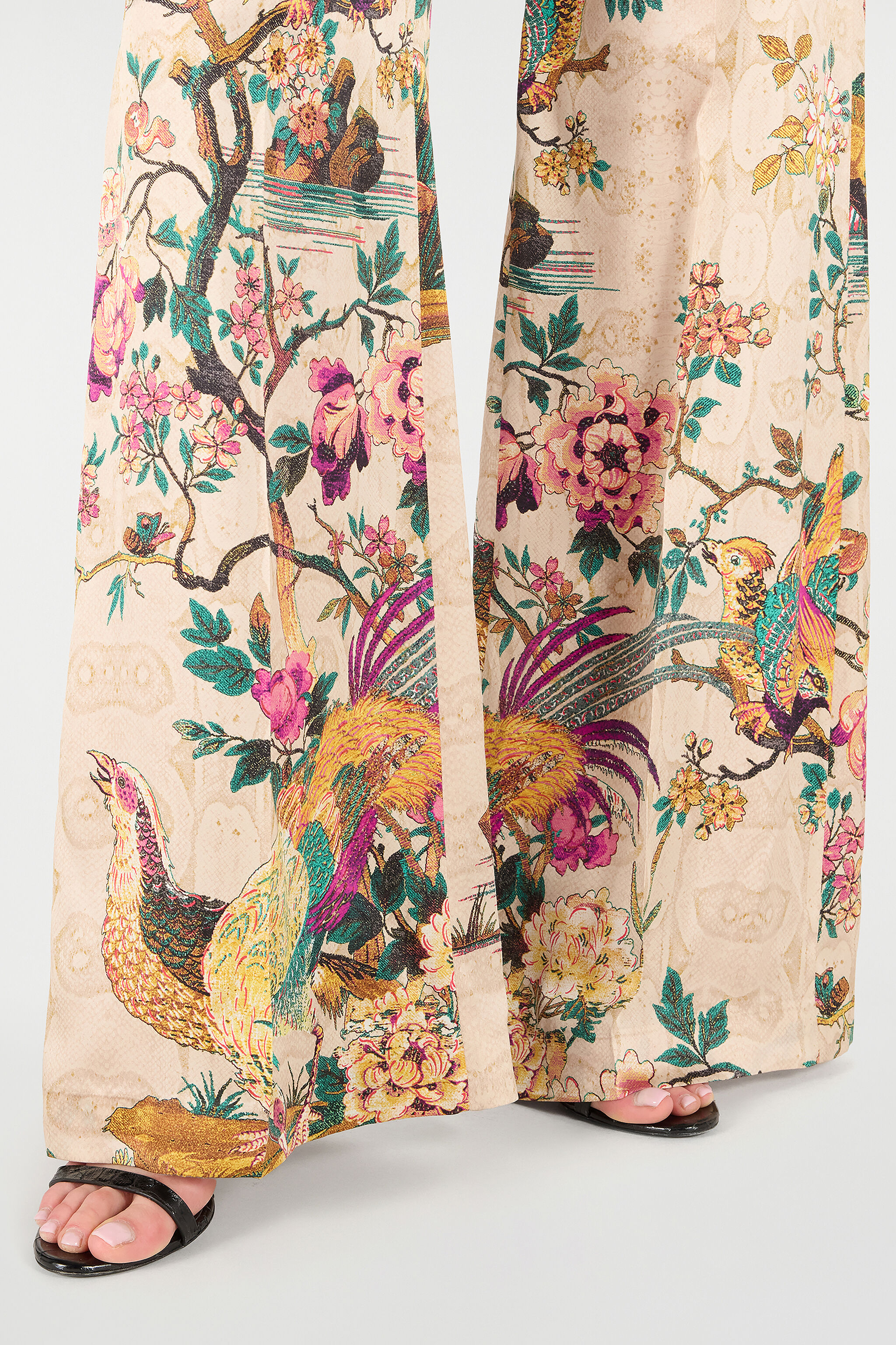 RC Palazzo Pants with Floral and Pheasant Print Ivory/Pink VKT201-TYP76