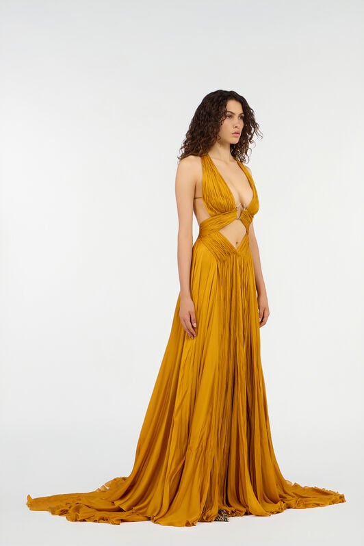 RC Extralanges Kleid Aus Reiner Seide Gelb VKT158-CC001