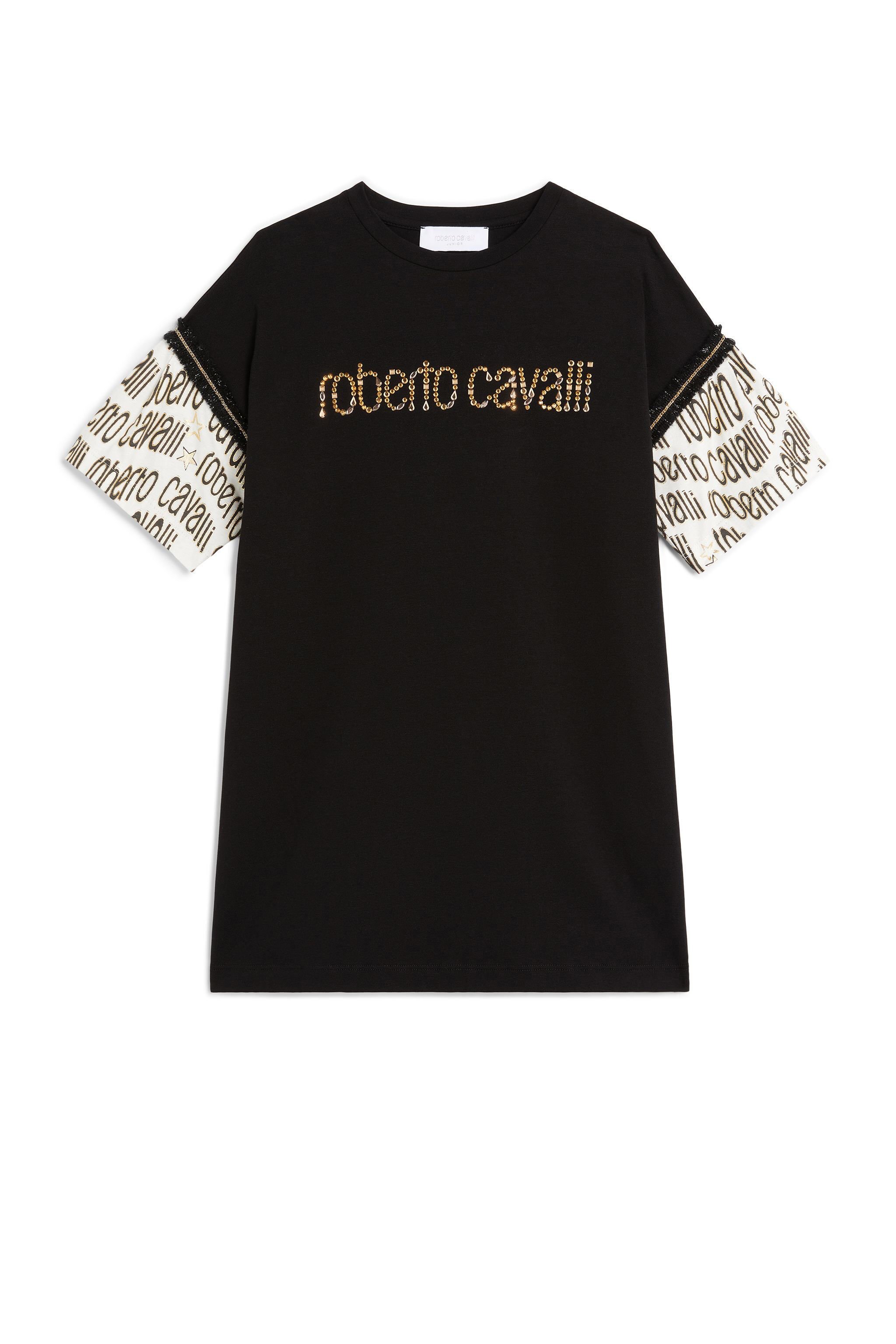 Rhinestone embellished T shirt dress in BLACK for Girls Roberto Cavalli