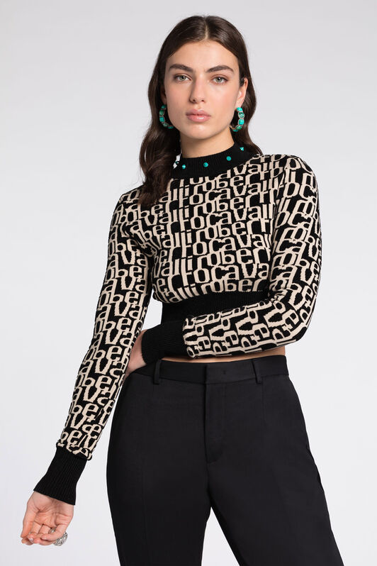 RC Logo-Jacquard Cropped Sweater Black/White RKM601-MI150