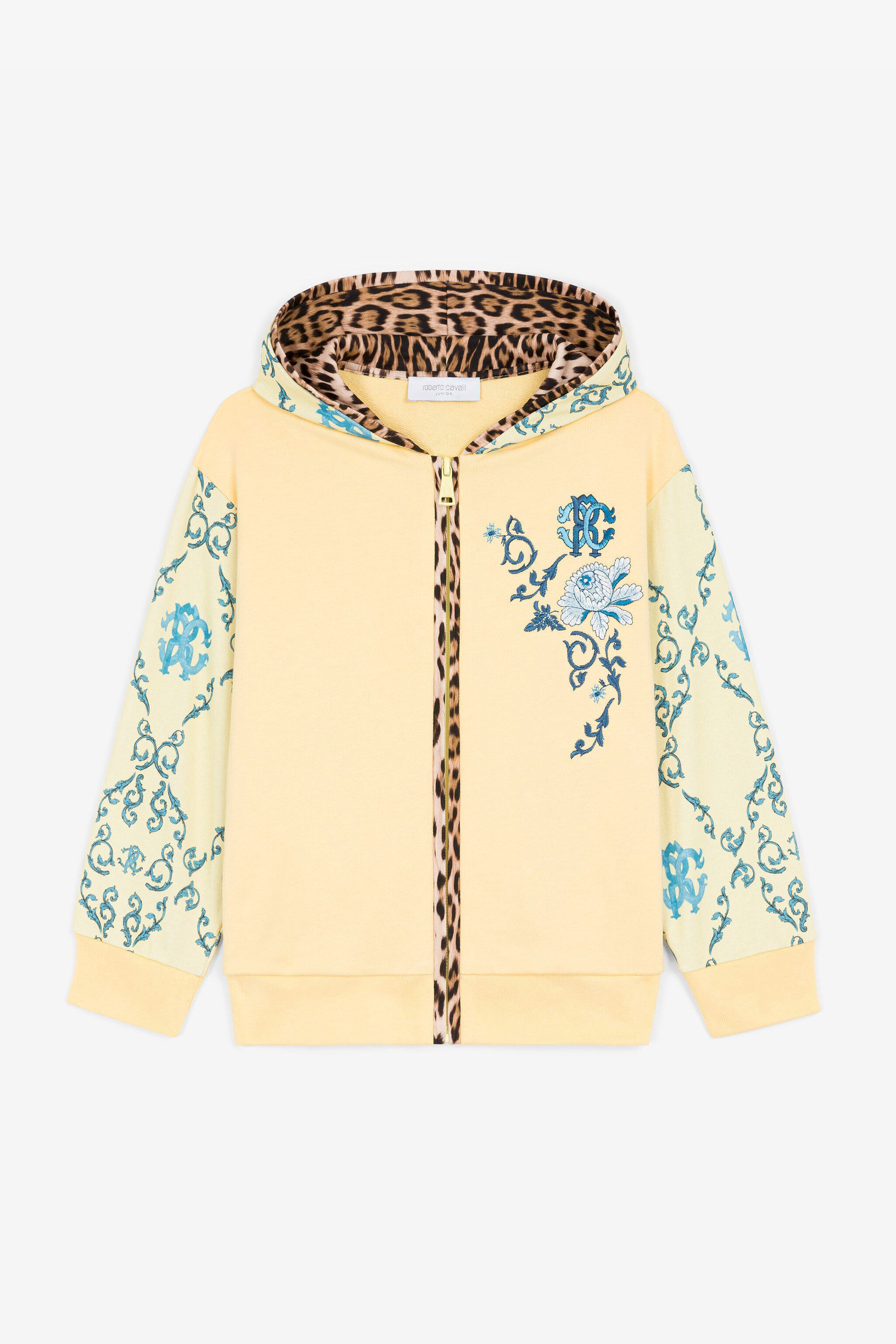 JU Baumwoll-Kapuzenpullover mit Leoparden-Printund filigranem Print Gelb RJT930-CF050
