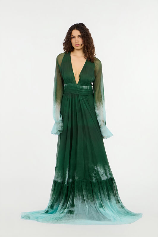 RC Long Empire-Style Pure Silk Dress VERDE/PISCINA VKT152-CKP69