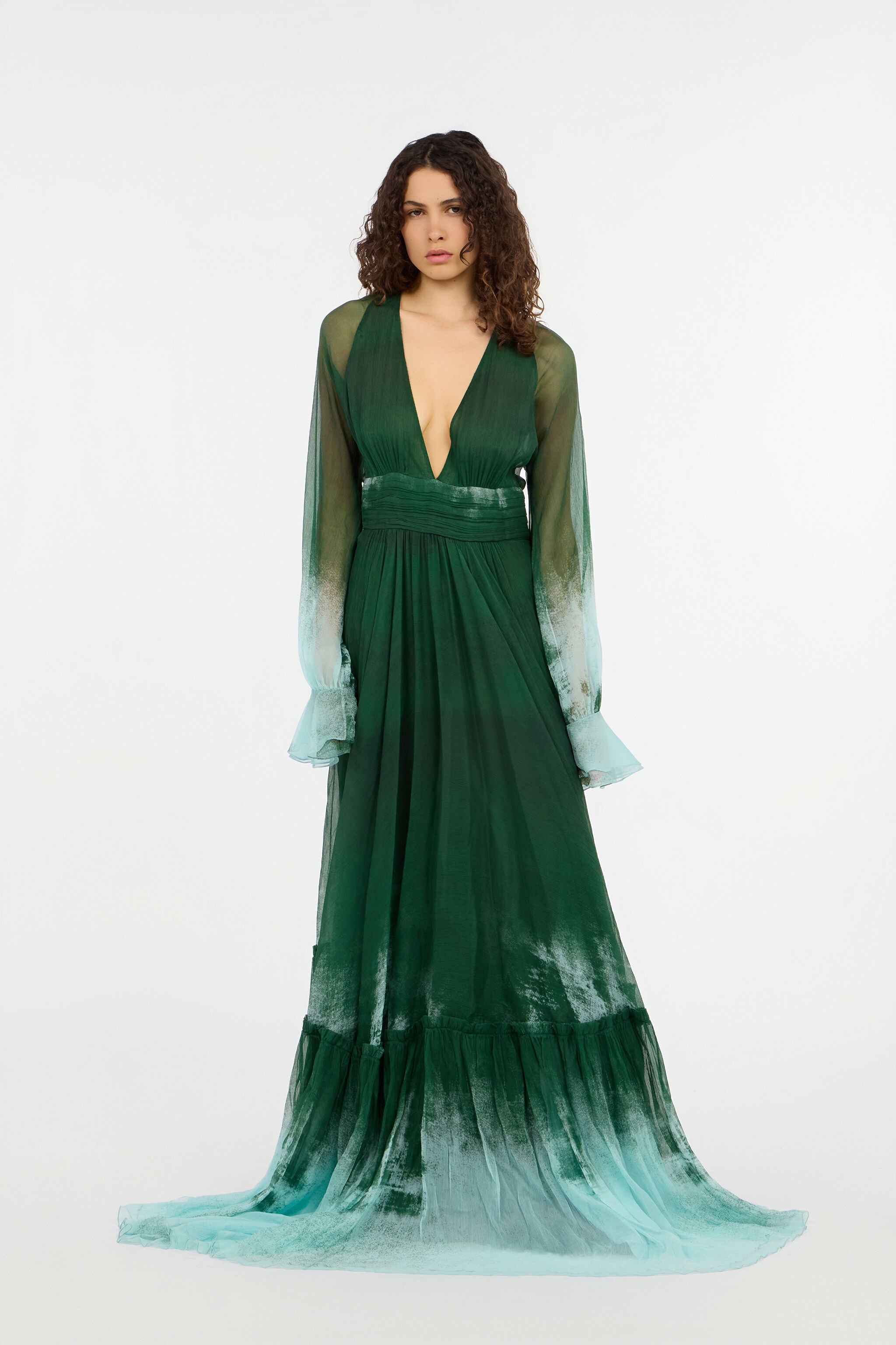 RC Long Empire-Style Pure Silk Dress VERDE/PISCINA VKT152-CKP69