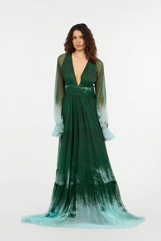 RC Long Empire-Style Pure Silk Dress RC Long Empire-Style Pure Silk Dress VERDE/PISCINA VKT152-CKP69