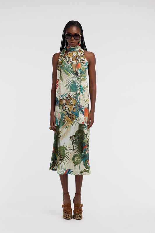 RC Jungle Print Silk Midi Dress Halter Neck Green SKT129-4QI88
