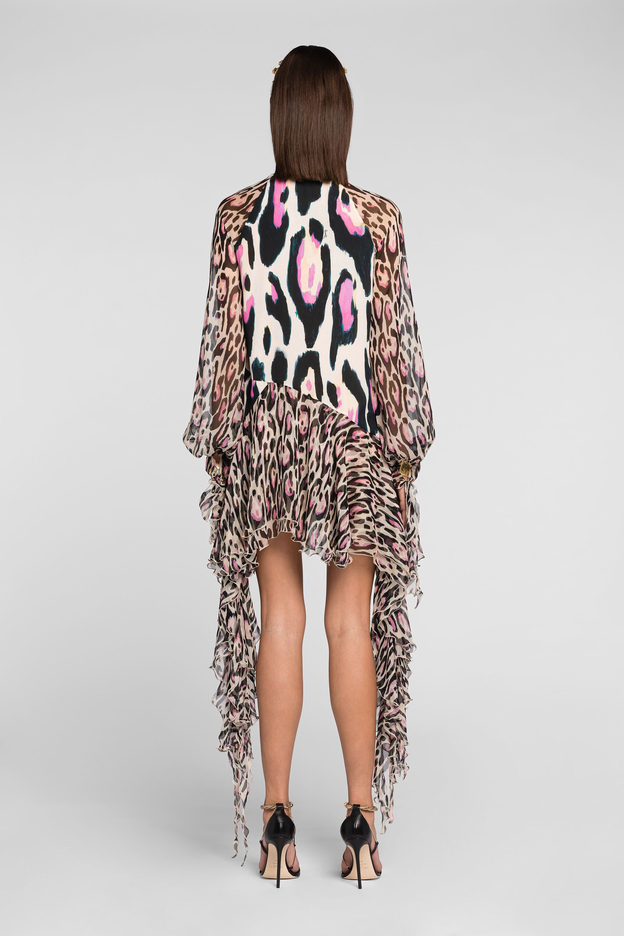 RC Jaguar-Print Ruffle-Trimmed Mini Dress ROSA QKT125-FVF54