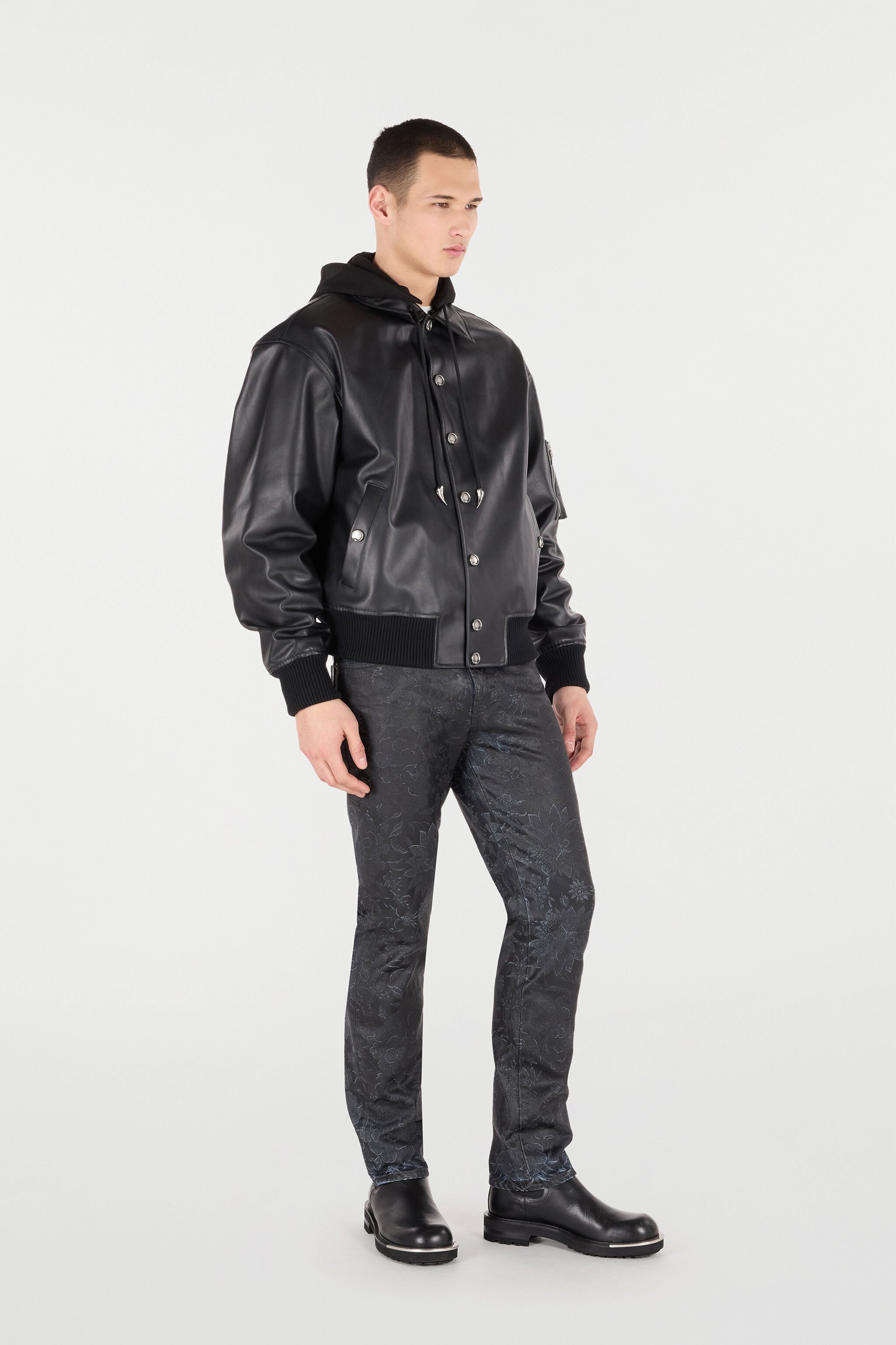 RC Leather Bomber Jacket with Hood Black VNP464-PN104