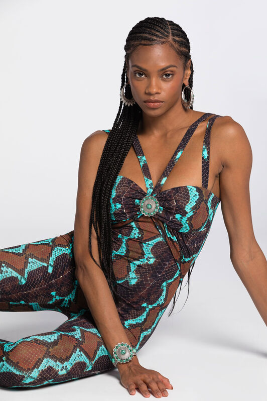 RC Snakeskin-Print Jumpsuit Dark brown/Light blue RKT163-LNH22