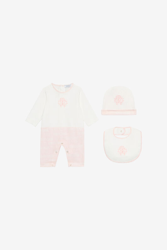 JU Ensemble Bonnet, Bavoir Et Grenouillère Avec Monogramme RC Et Logo Rose UJT817-JD001