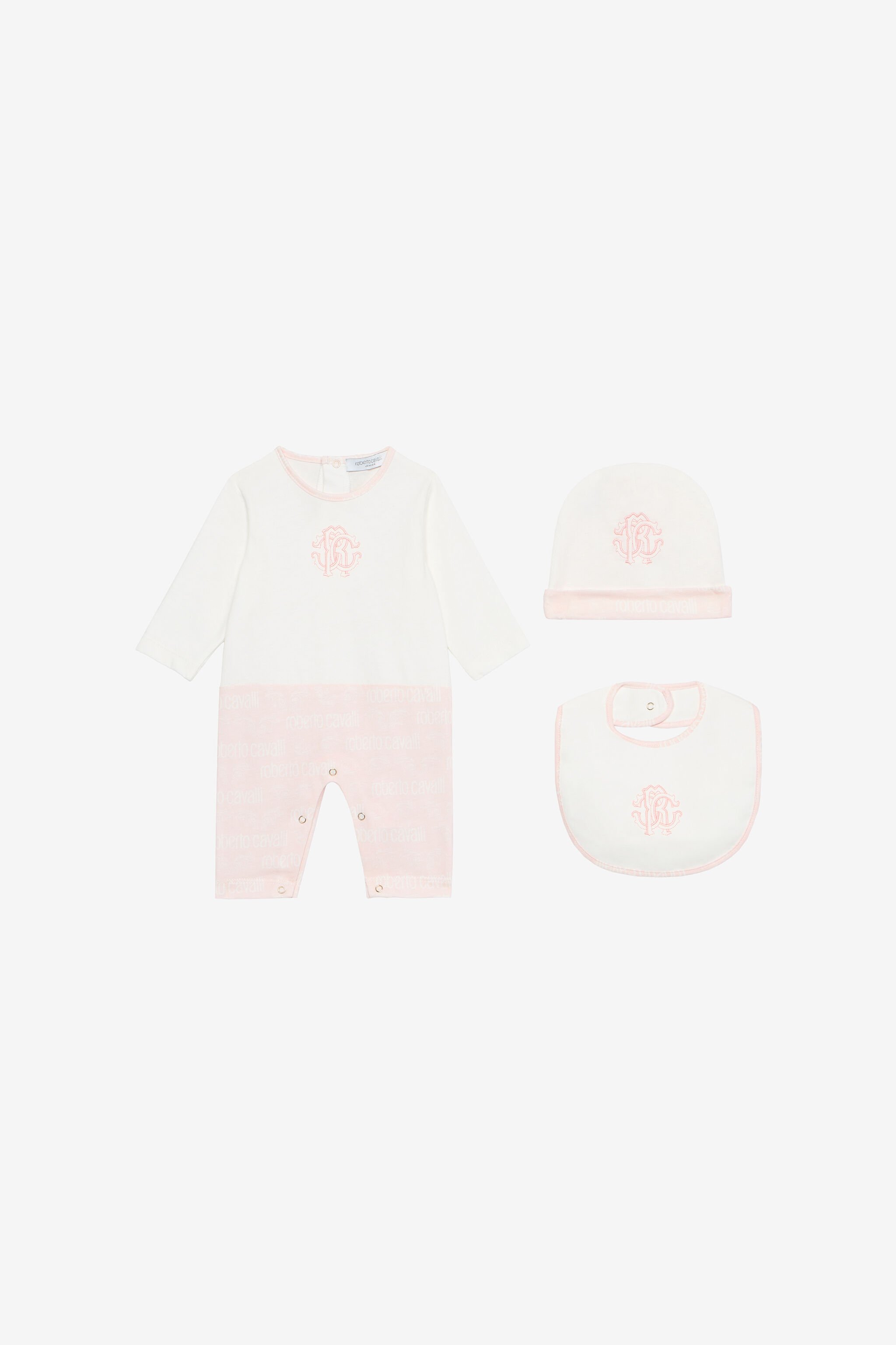 JU Ensemble Bonnet, Bavoir Et Grenouillère Avec Monogramme RC Et Logo Rose UJT817-JD001