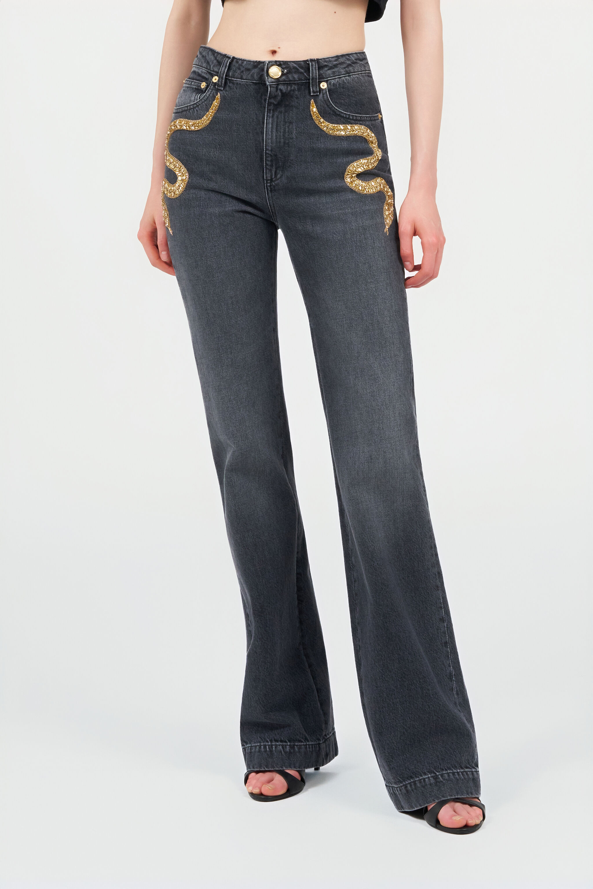 パンツ ROBERTO CAVALLI Snakeskin Flared Pants Flared Jeans with Snake Embroidery in BLACK for Women | Roberto
