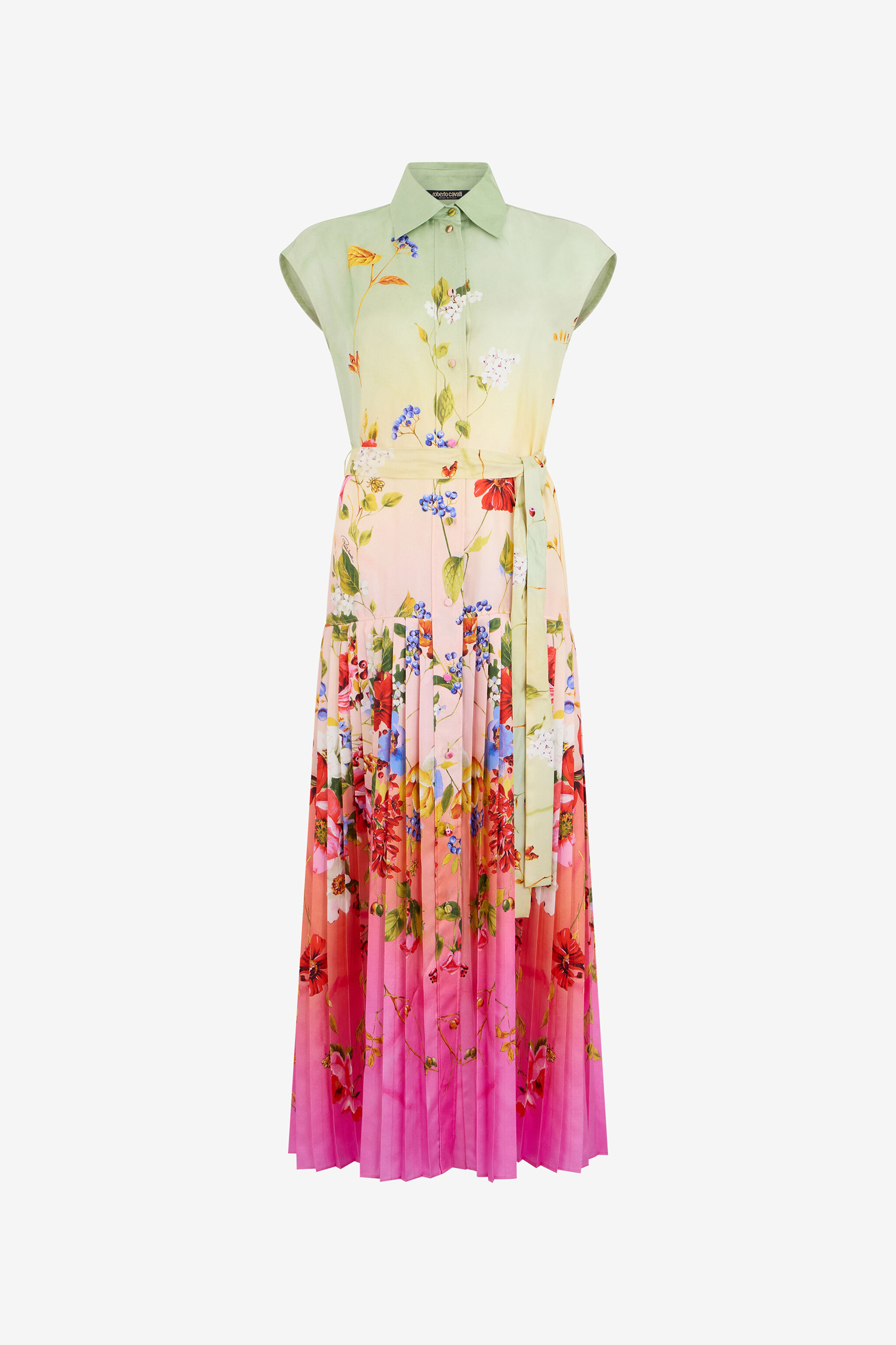 Long Silk Dress with Miami Flowers Print in GREEN/FUCHSIA for