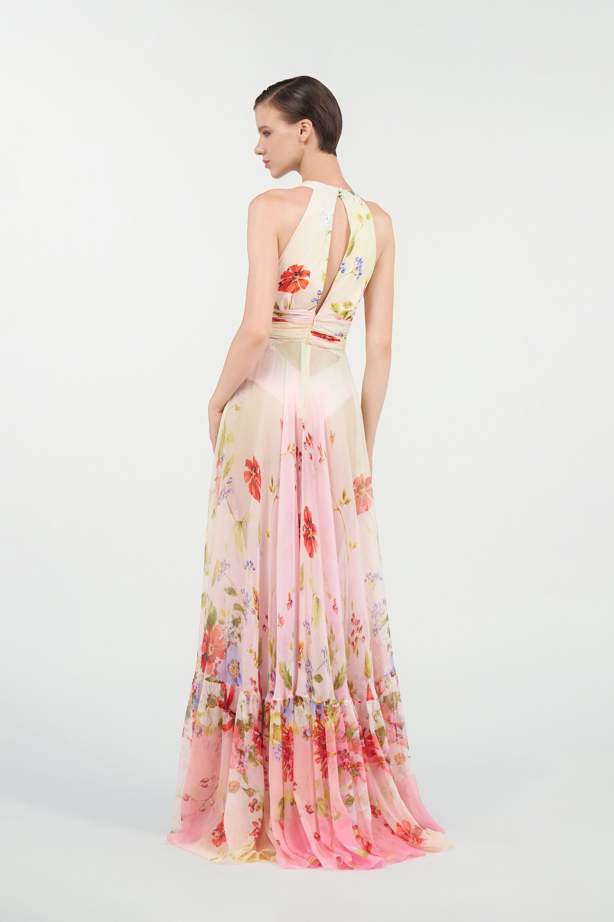 Long Chiffon Dress with Miami Flowers Print in MULTICOLOR for