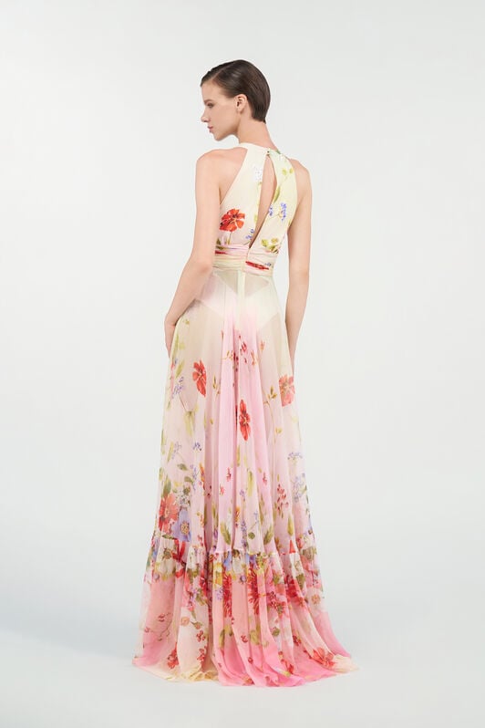 RC Long Chiffon Dress with Miami Flowers Print MULTICOLOR WQT175-CKR32