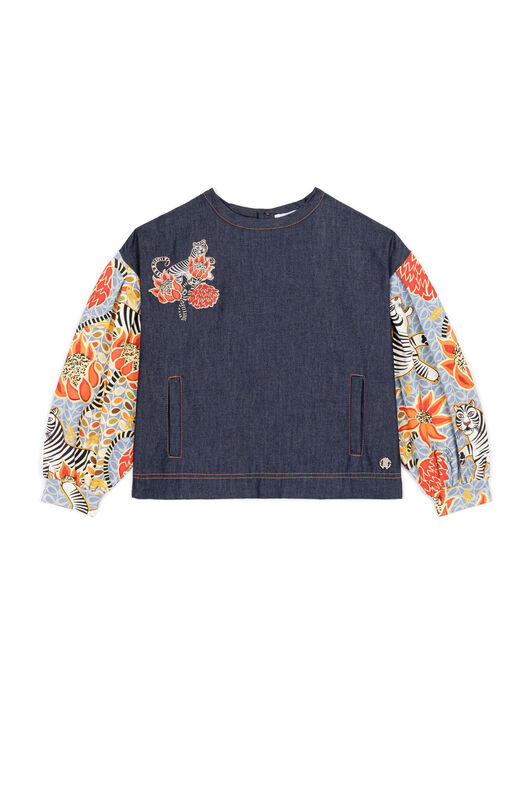 JU Flower And Tiger-Print Top Dunkelblau IJT901-DL003