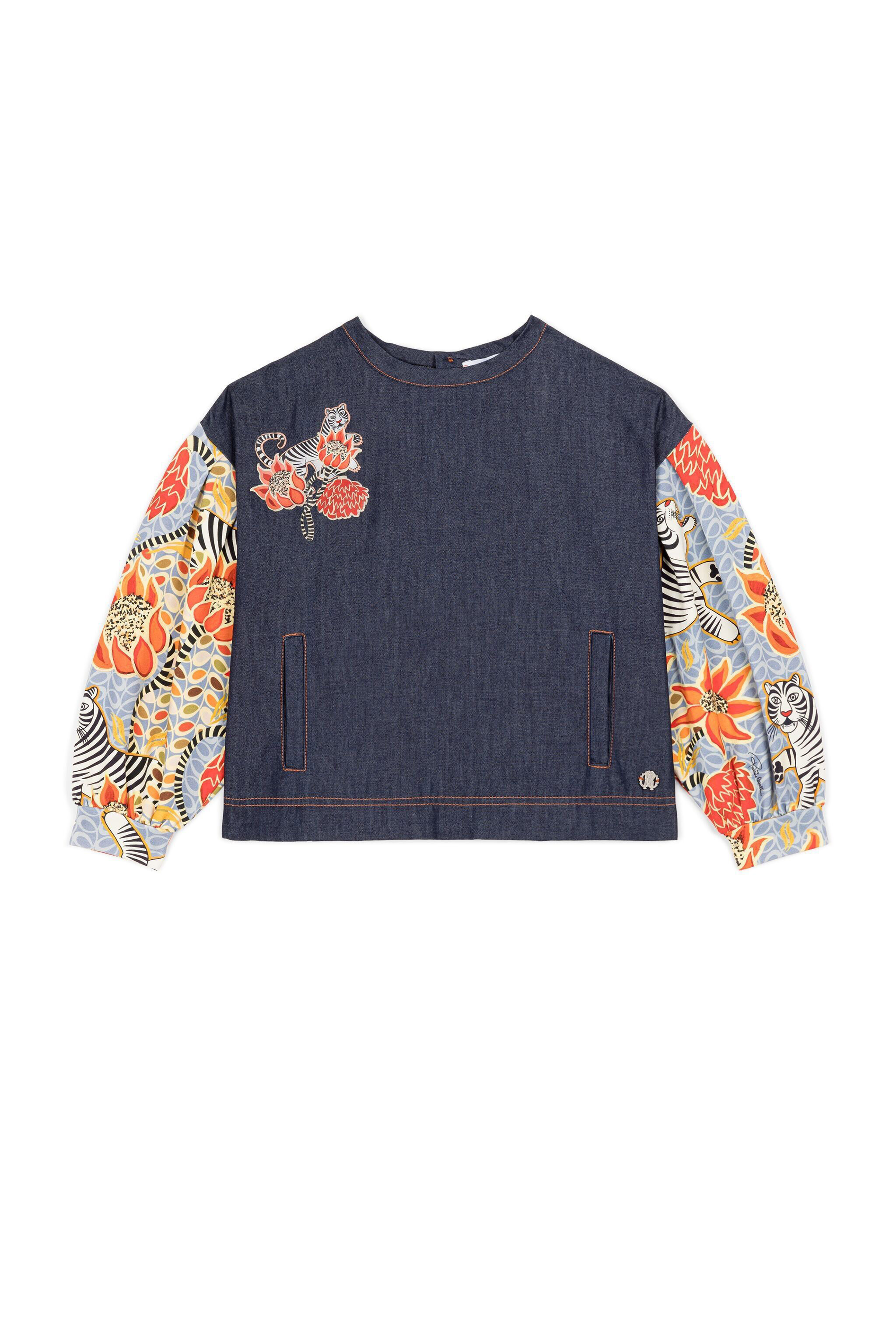 JU Flower And Tiger-Print Top Dunkelblau IJT901-DL003