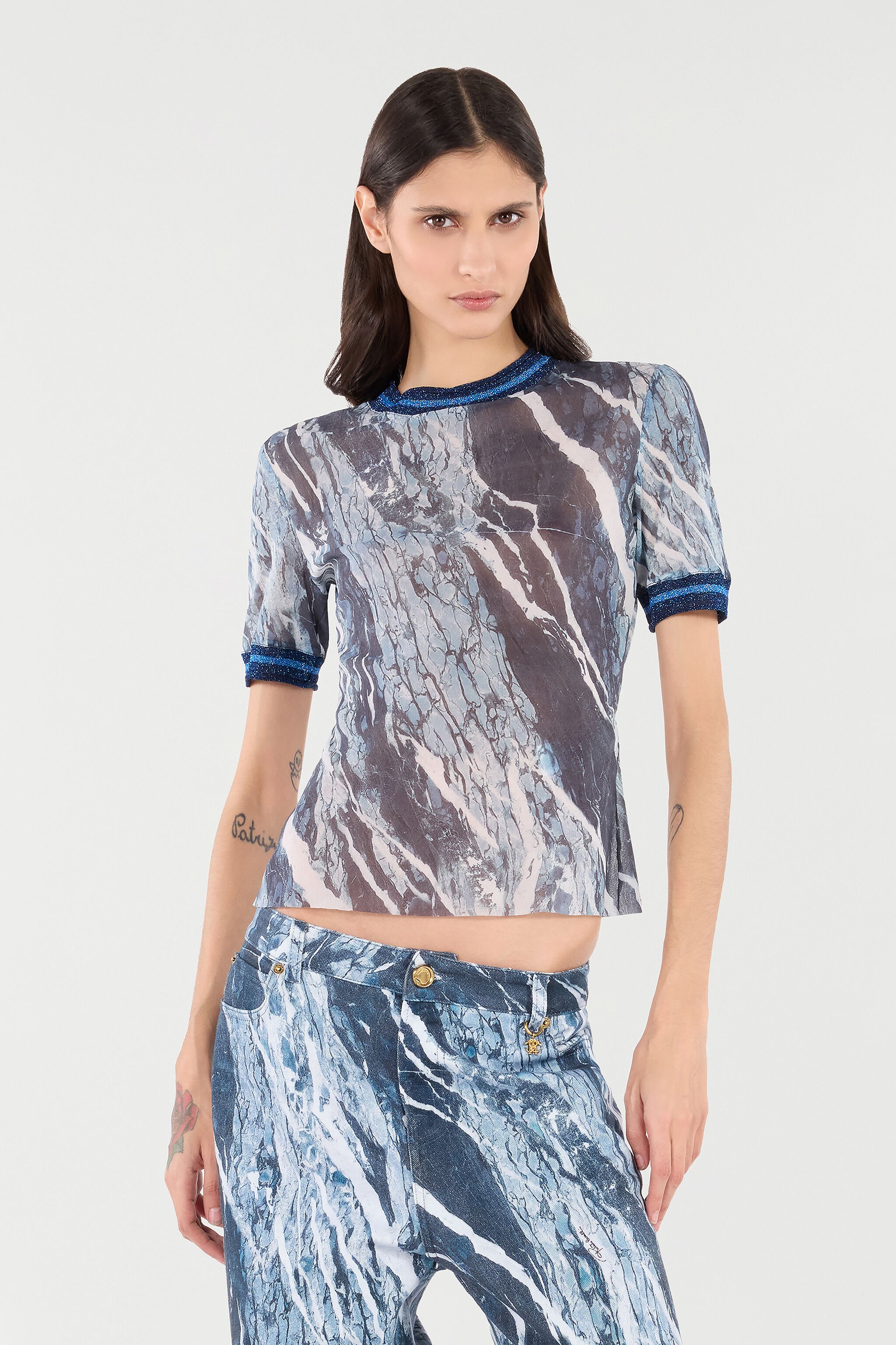 RC Marble-Print T-Shirt With Glittery Trims Dark blue UKT65E-6HN22