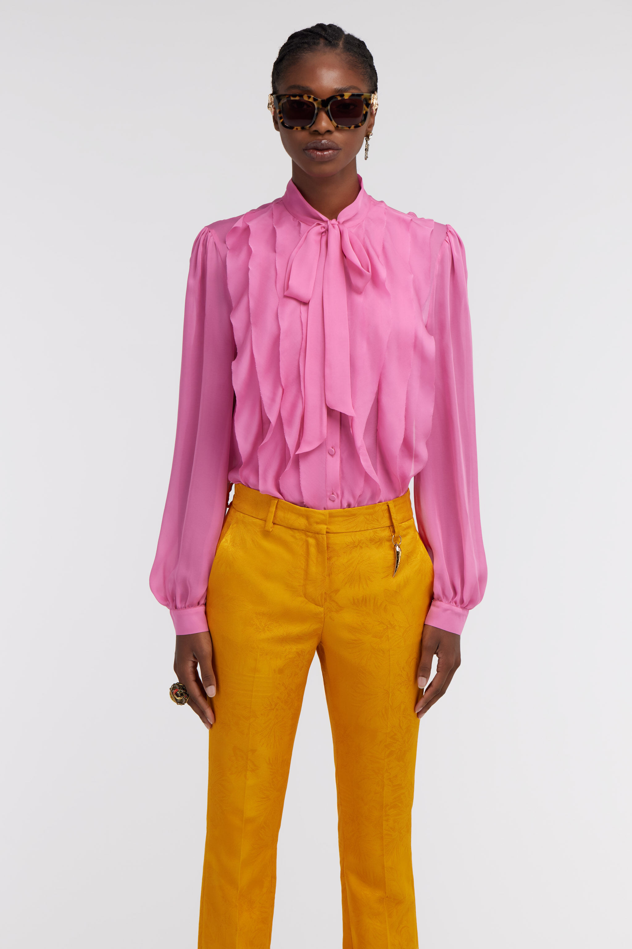 RC Pink Silk Shirt With Ruffles And Pussy Bow Fuchsia SKT706-CC001