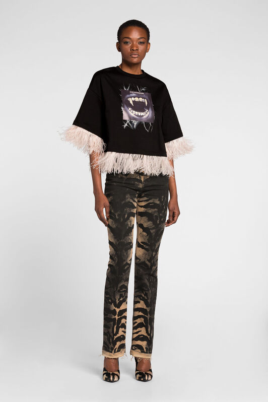 RC Feather-Trimmed Teeth-Print Cotton Crop Top Black NQT63B-JD070
