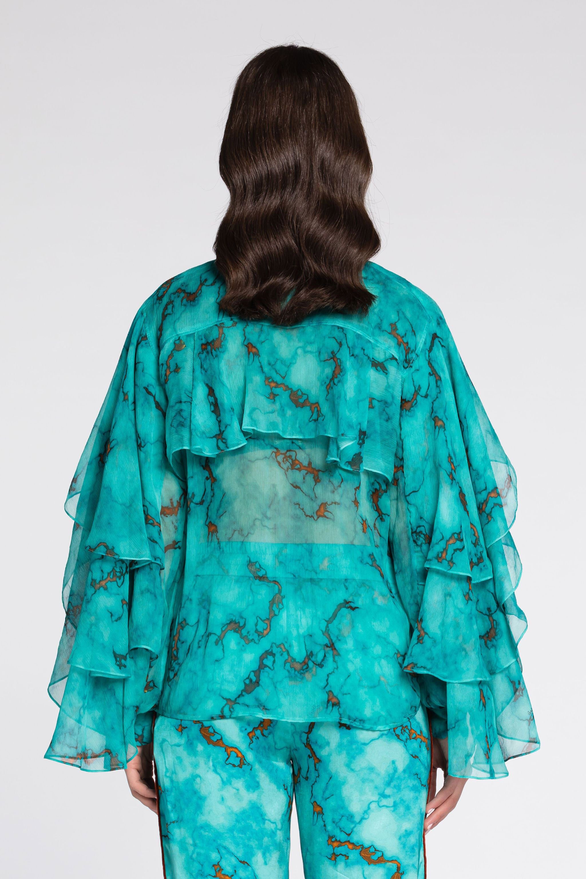 RC Ruffled Marble-Print Top Light blue RKT702-CZH62