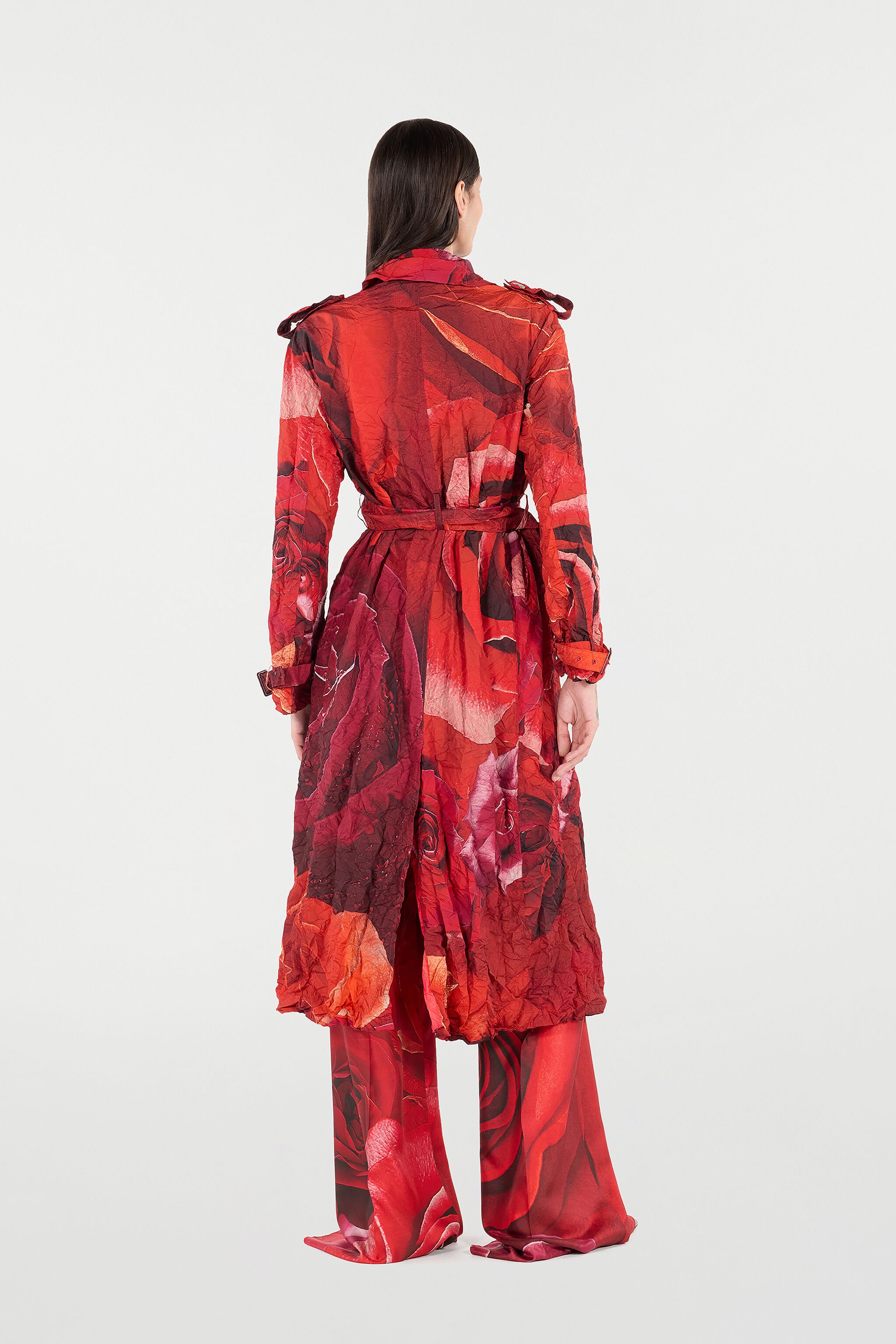 RC Long Crinkle-Effect Trench Coat With Rose Print Red UKT503-5RN48