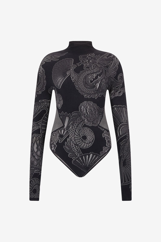 RC Bodysuit with Dragons, Flowers, and Fans Schwarz VKT60D-MA001