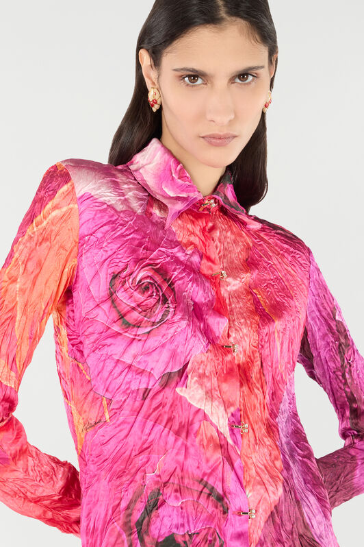 RC Shirt With Bejeweled Buttons And Rose Print Fuchsia UKT701-RYN48