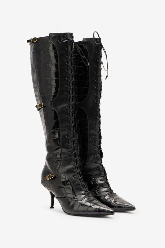 RC Pointed Lace-Up Boots in Crocodile-Effect RC Pointed Lace-Up Boots in Crocodile-Effect Schwarz VKS017-PZ579