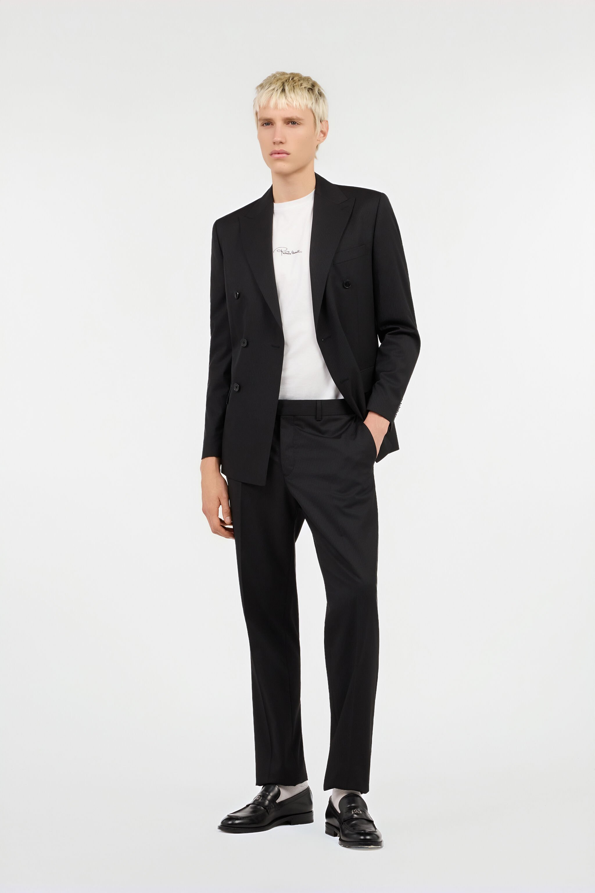 RC Black Pinstripe Double-Breasted Wool Suit BLACK/DARK GREY QOT40K-FEO02