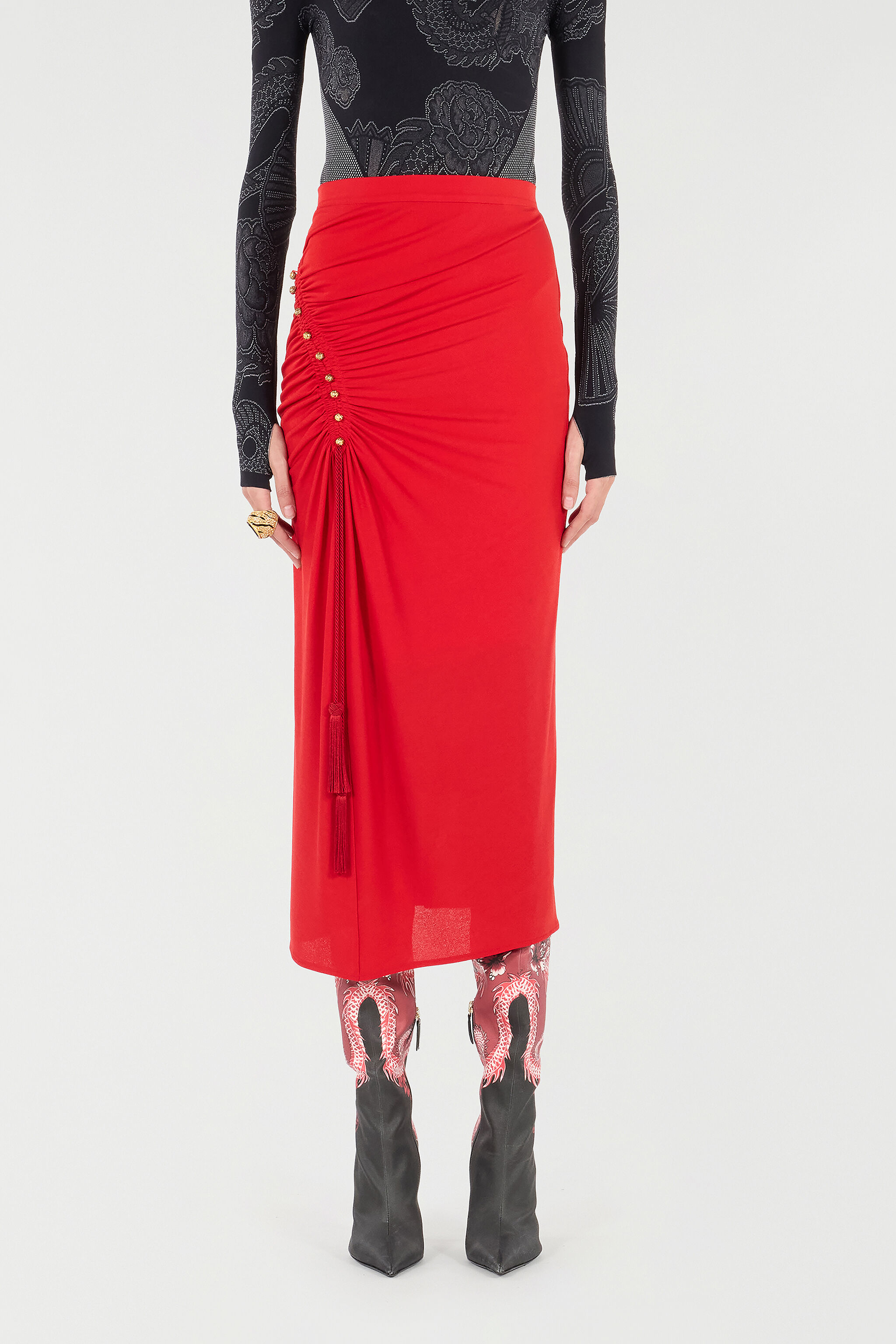 RC Midi Skirt with Gathered Detail Red VQT307-JE034