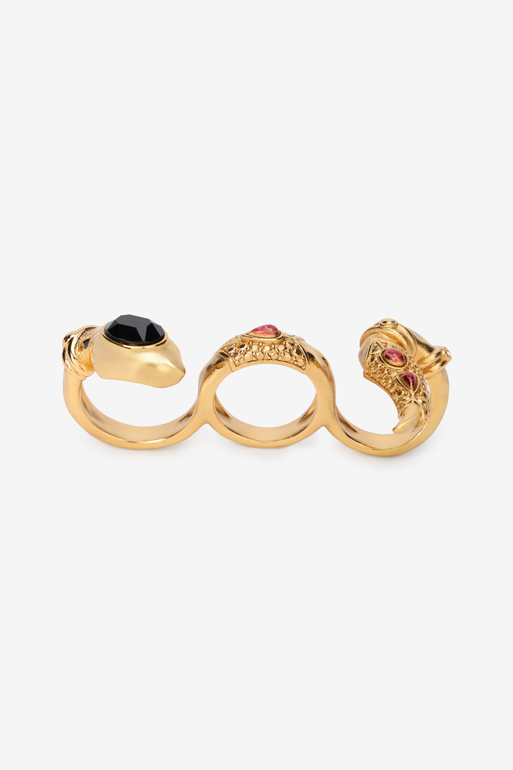 RC Gold Three-Finger Ring with Black and Ruby Stones ORO/NERO/RUBINO VWG002-AM081