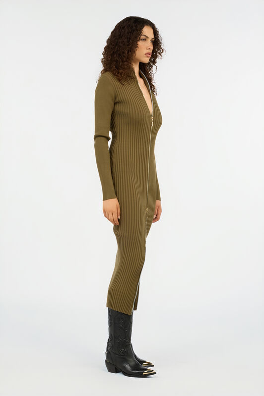 JC Green Ribbed-Knit Zip-Front Midi Dress VERDE 185 VFT255-VF402