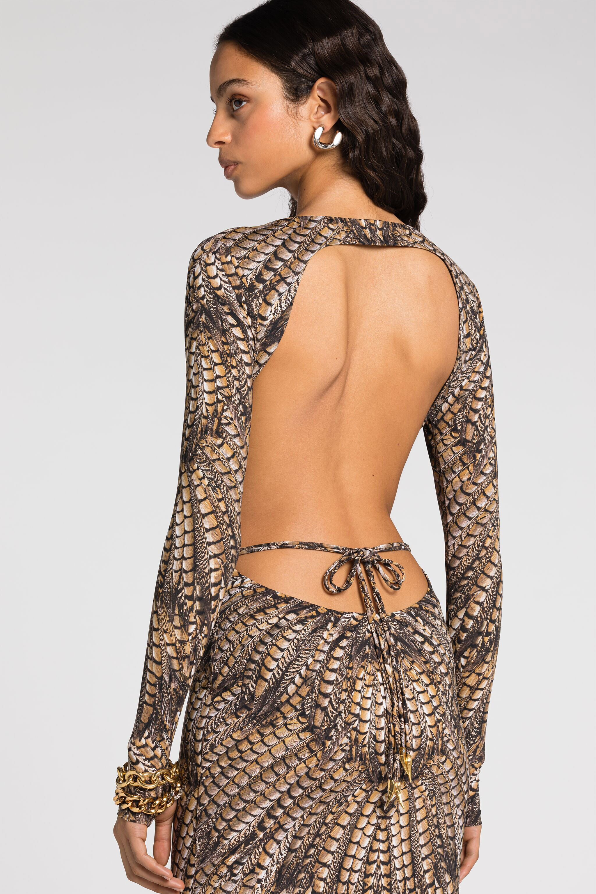 RC Robe longue à imprimé plumes Marron clair QKT102-LNF52