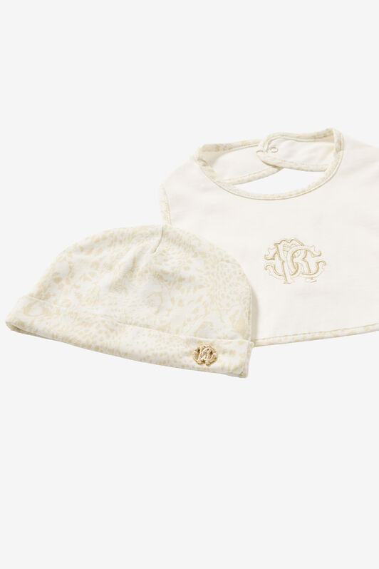 JU Cheetah-Print Hat, Bib And Romper Suit Set White UJT828-JD001
