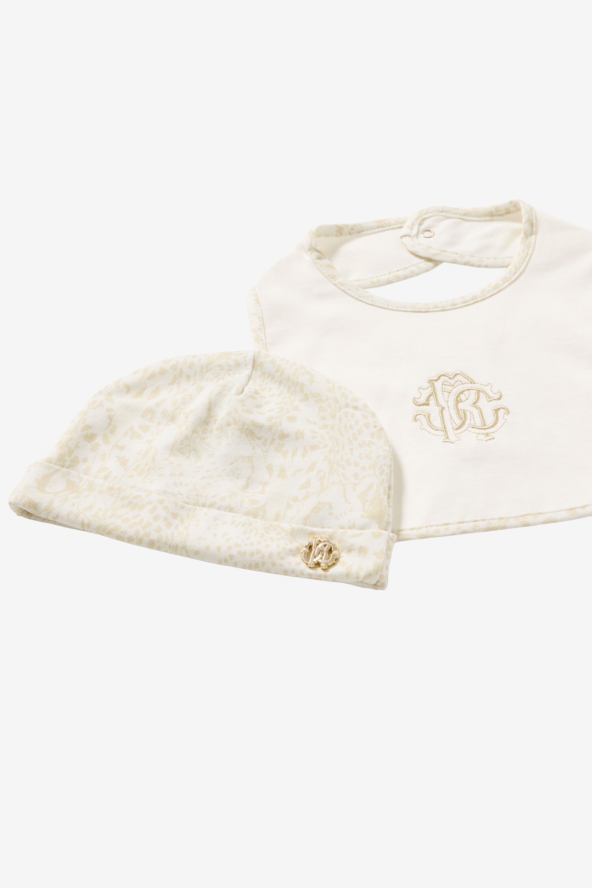 JU Cheetah-Print Hat, Bib And Romper Suit Set White UJT828-JD001