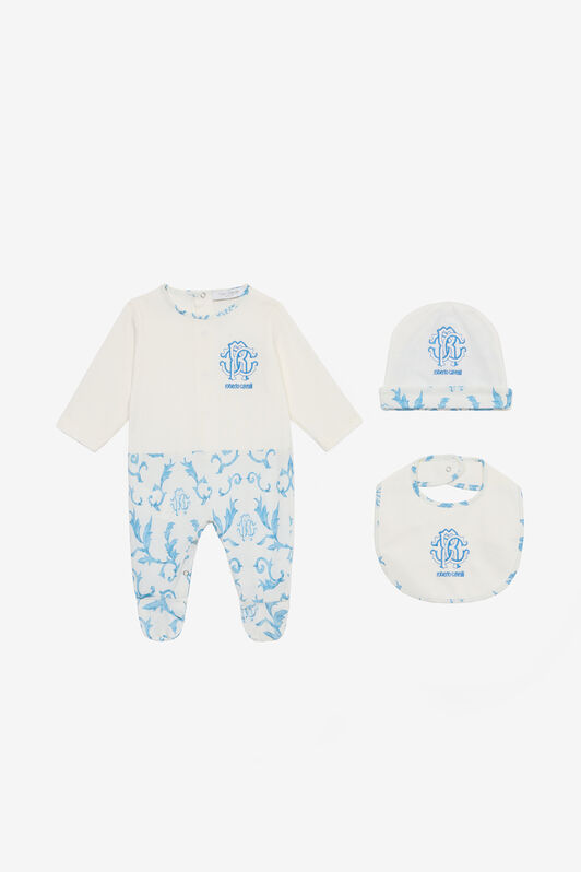 JU Hat, Bib And Romper Suit Set With RC Monogram And Print Light blue UJT811-JD001