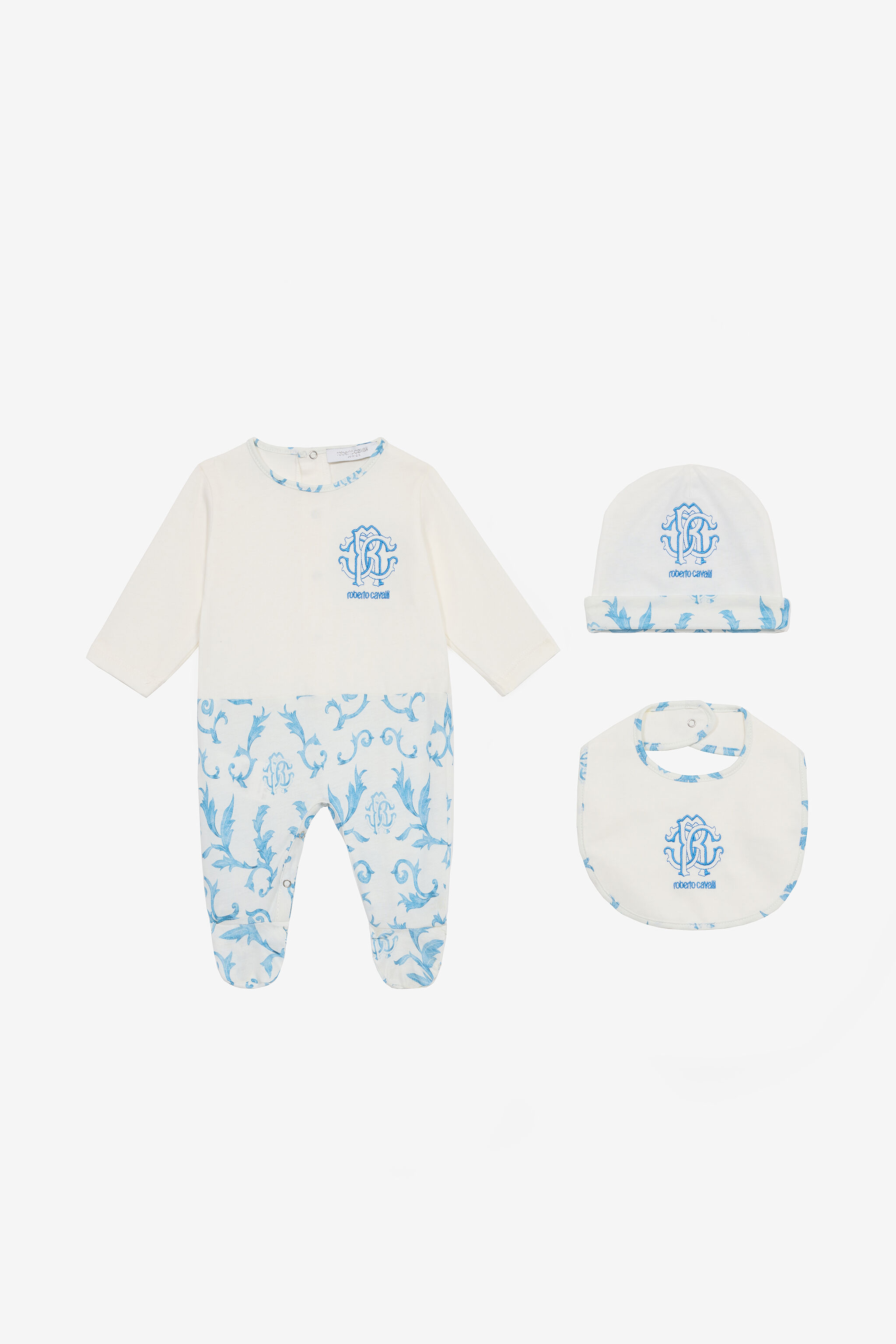 JU Hat, Bib And Romper Suit Set With RC Monogram And Print Light blue UJT811-JD001
