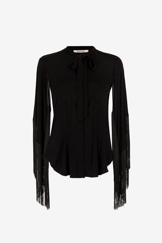 RC Fringe cuffs tie-collar shirt Black RKT701-JJ051