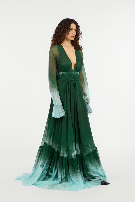 RC Long Empire-Style Pure Silk Dress VERDE/PISCINA VKT152-CKP69