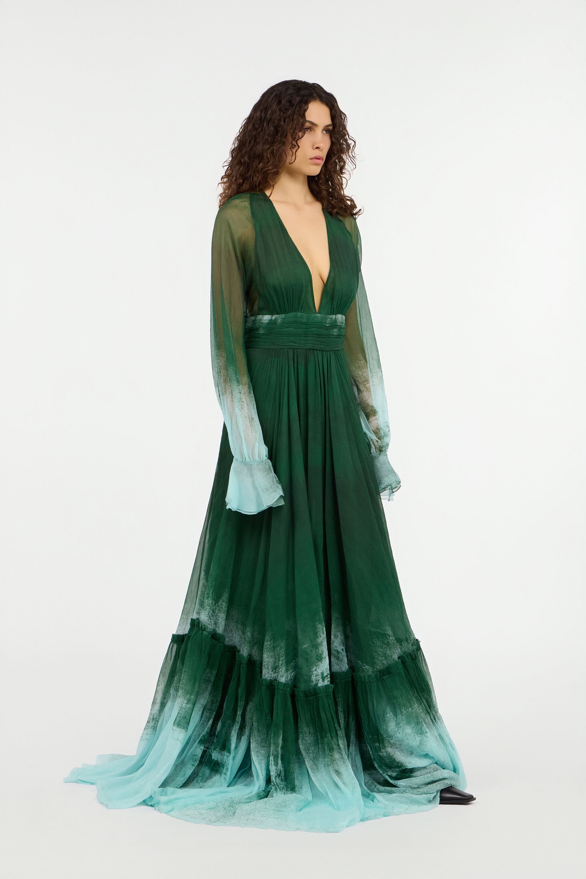 RC Long Empire-Style Pure Silk Dress VERDE/PISCINA VKT152-CKP69