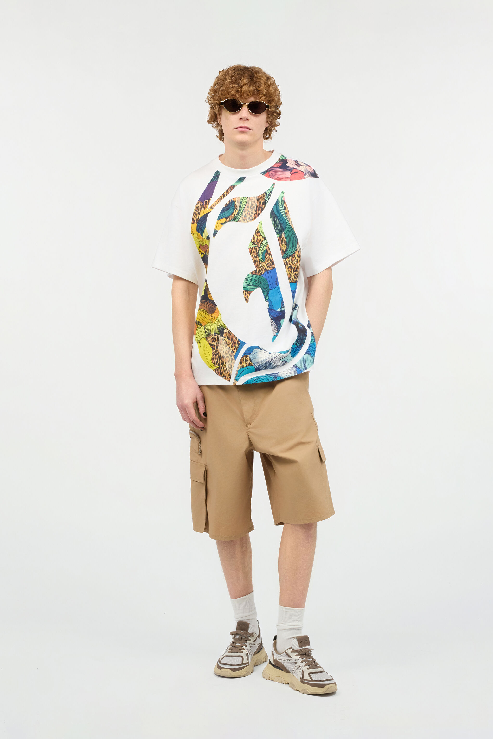 JC T-Shirt With JC Monogram, Jaguar Skin And Floral Print White UFT028-UF048