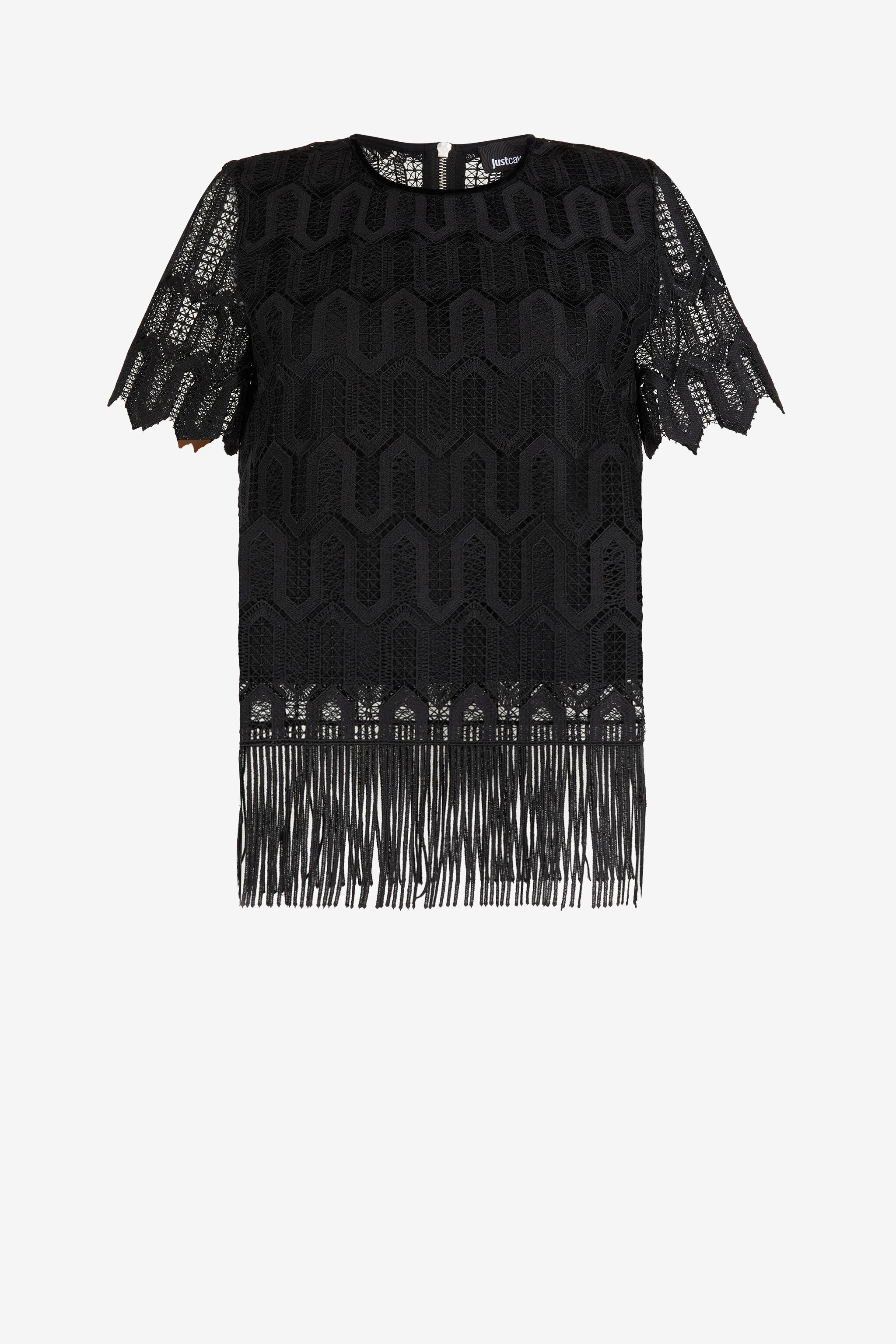 JC Just Cavalli Crochet-Lace Tassel Top Black HQLSEQ-ISEVY