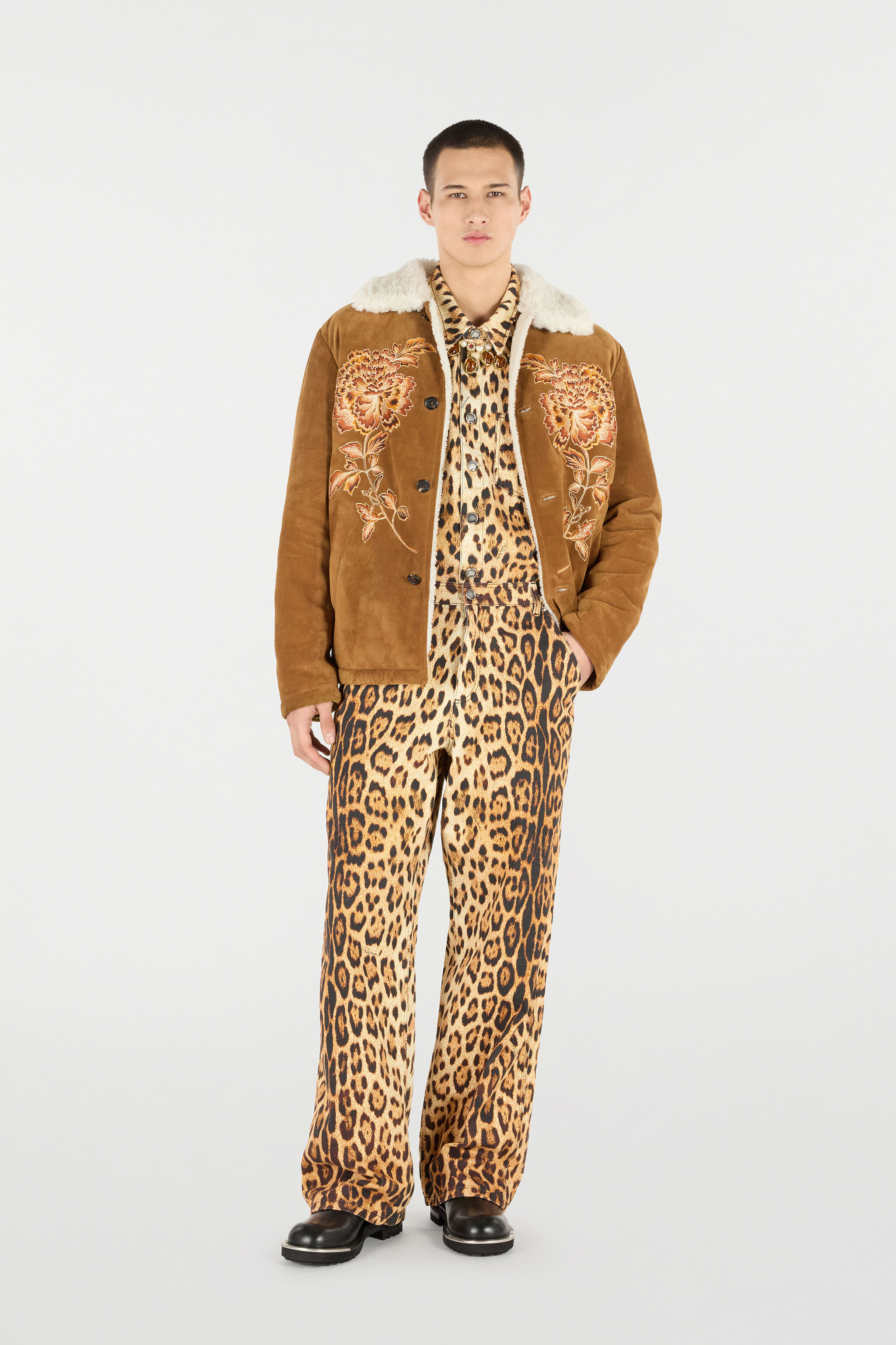 RC Cotton Shirt with Jaguar Skin Print Brown VRJ728-4NP73