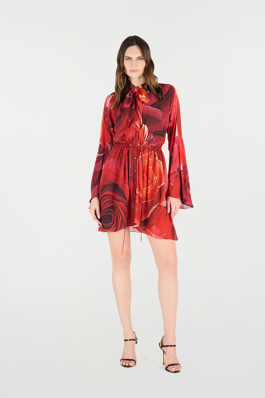 RC Rose-Print Mini Dress With Pussy-Bow ROSSO UKT140-KWN48