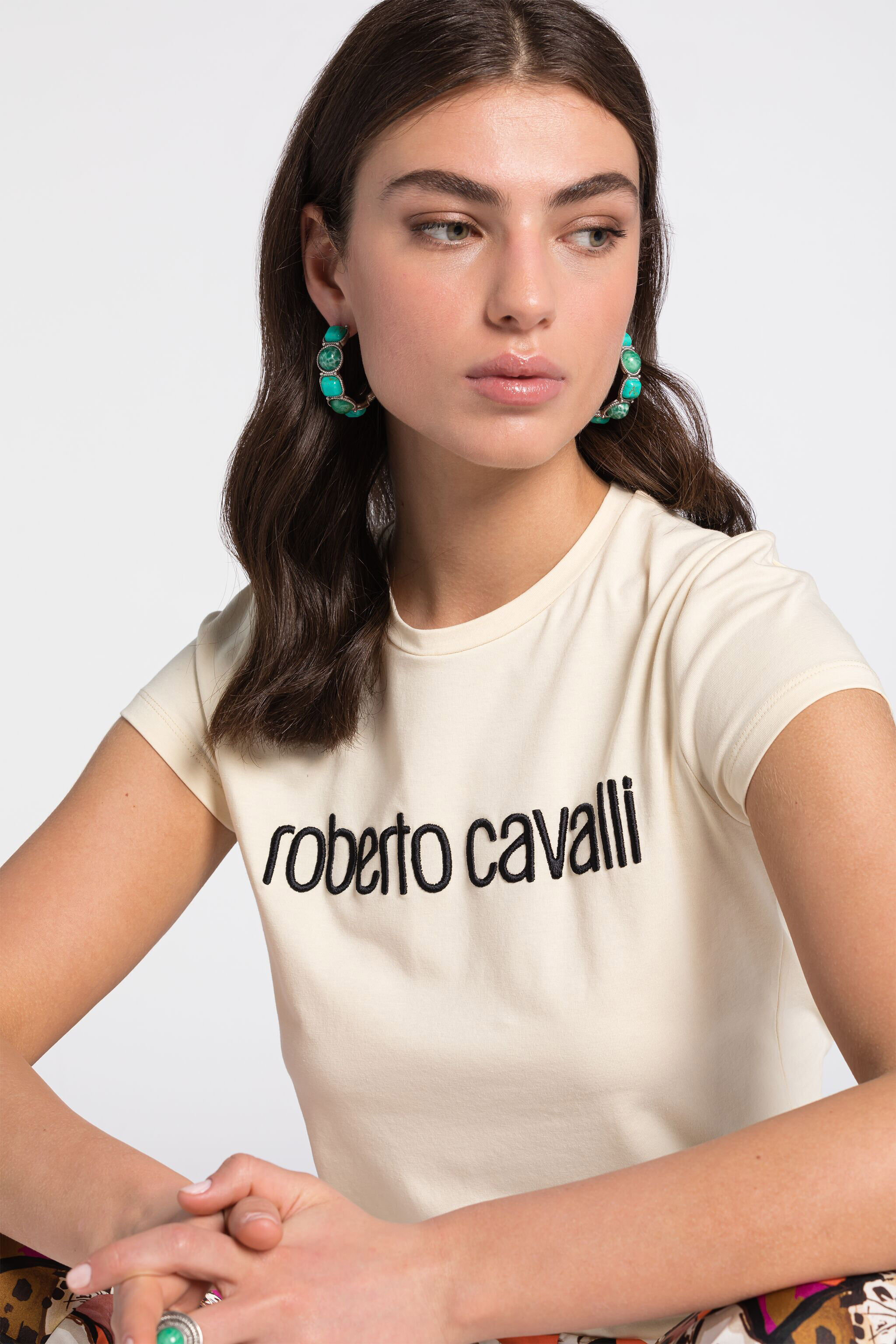 RC T-shirt con logo ricamato Avorio RKT60B-JD061