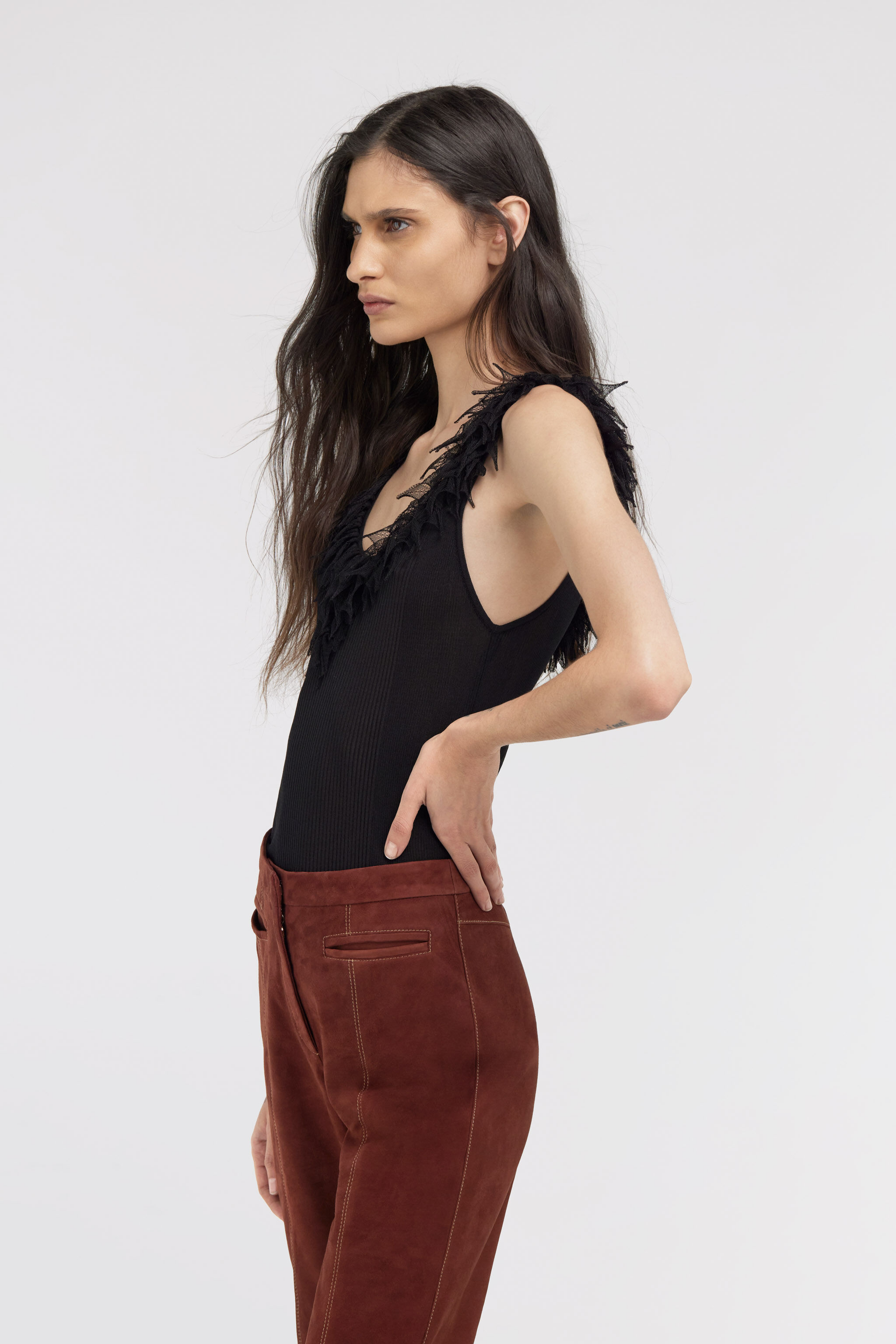 RC Black Ribbed Knit Top With Frayed Trim Black SWM601-MI001