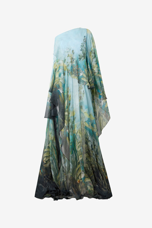 RC Extra-Long Silk Dress with Nature Print Green/Blue VWT136-XTQ70