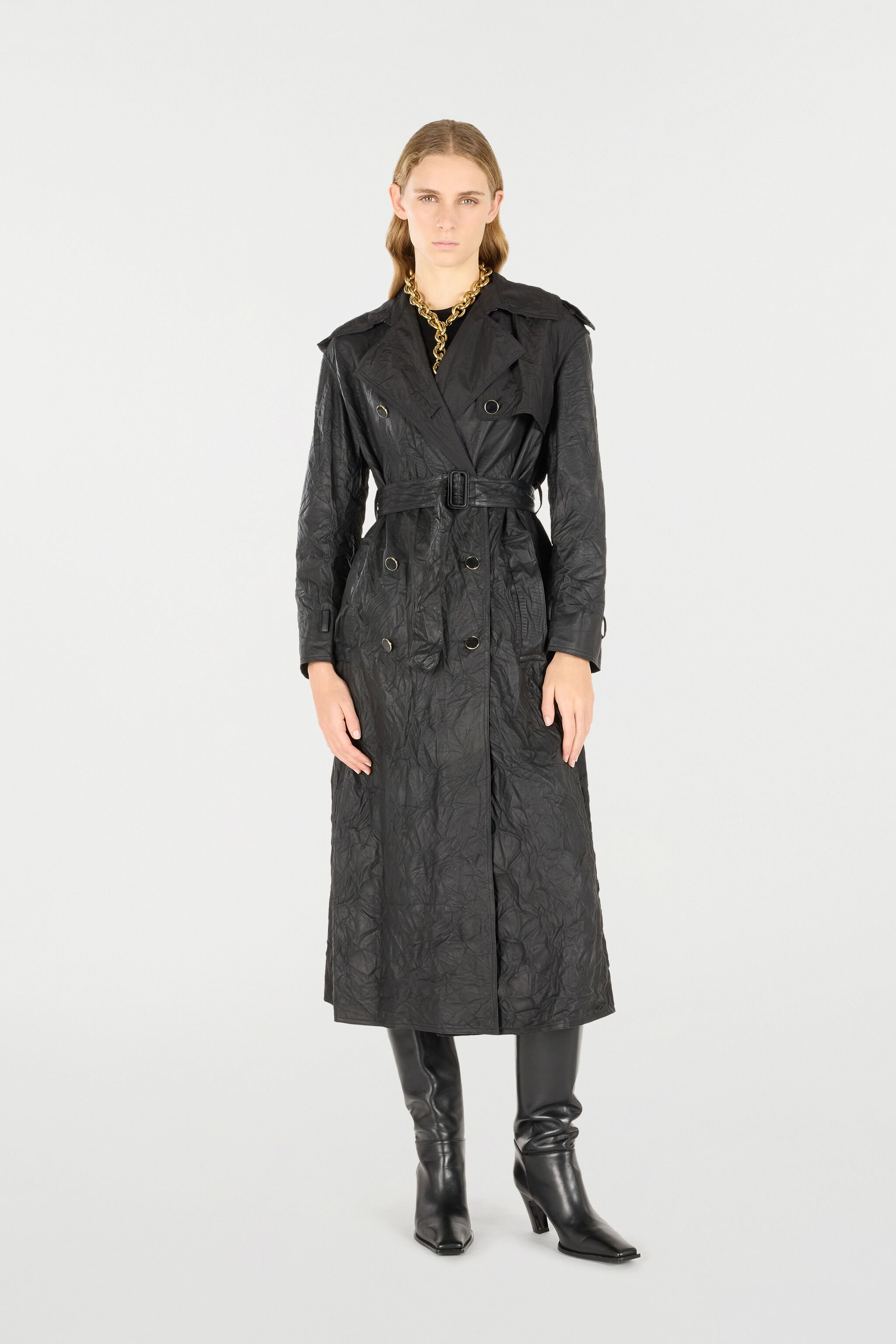RC Long Crinkle-Effect Trench Coat Black UKP505-PN082