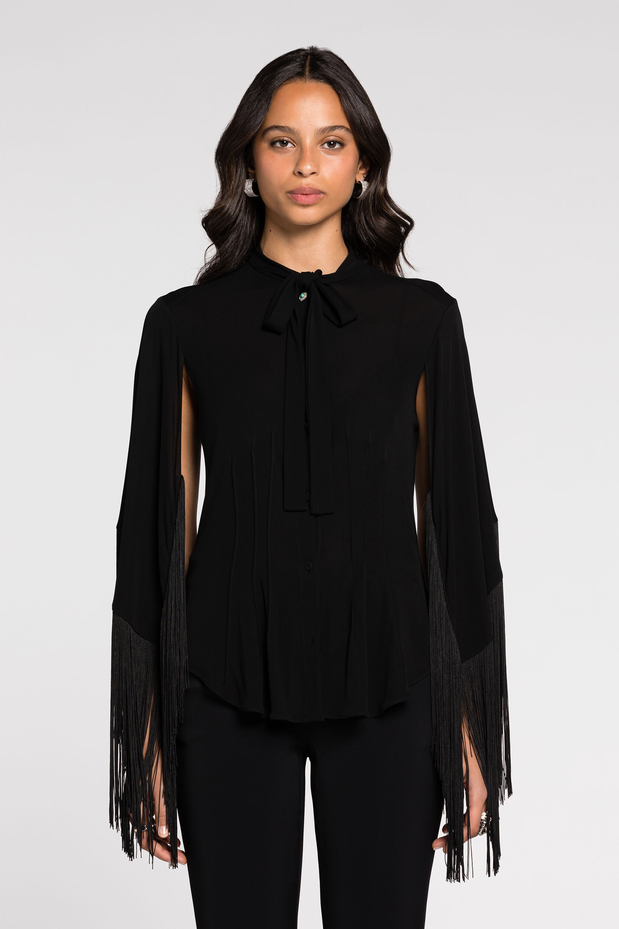 RC Fringe cuffs tie-collar shirt Black RKT701-JJ051
